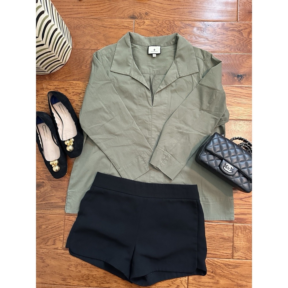Tuckernuck Olive Green Popover Shirt L Cotton Stretch V-Neck Tunic Blouse Tops